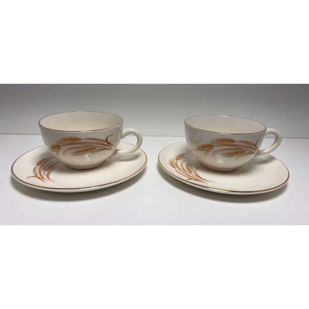 Homer Laughlin‎ Golden Wheat China Set of 2 Cups and Saucers 22K Gold Trim